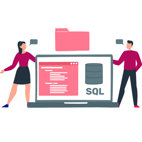 boy and girl are showing sql database on laptop