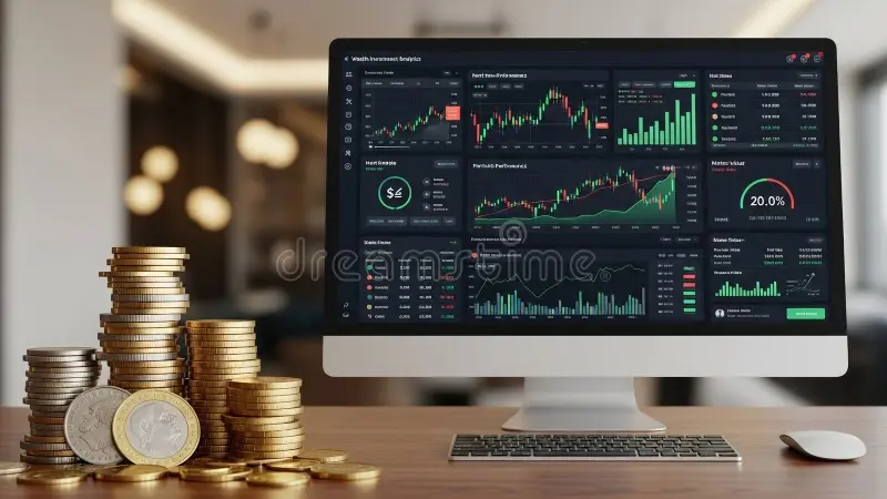 computer monitor displaying stock market trading charts graphs alongside stacks gold silver coins showing 427591622