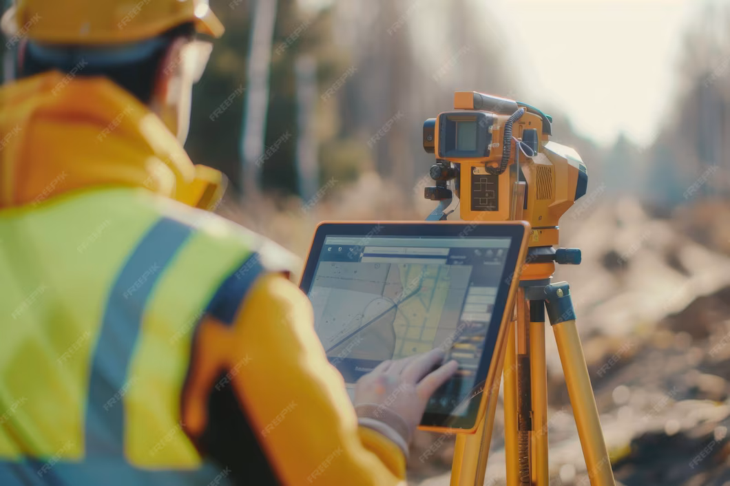 engineer uses rugged tablet operate total station surveying 1168123 112328
