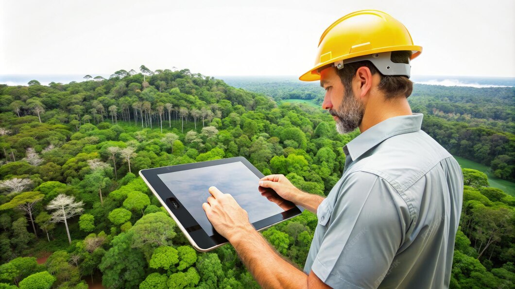 environmental scientist surveying lush rainforest canopy using tablet generative ai 437323 13970