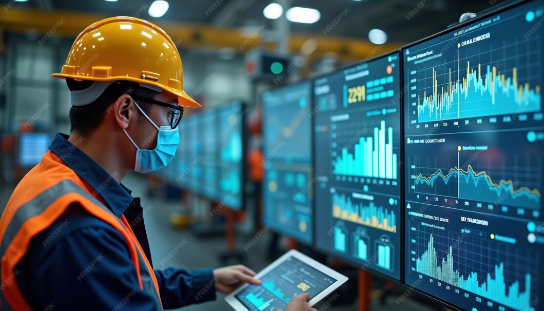 worker industrial setting analyzes data from multiple digital screens uses tablet monitor 1303267 18397